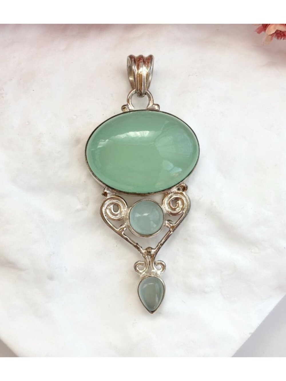 Green Chrysoprase Oval Swirly Oval Sterling Silver Vintage 925 Pendant